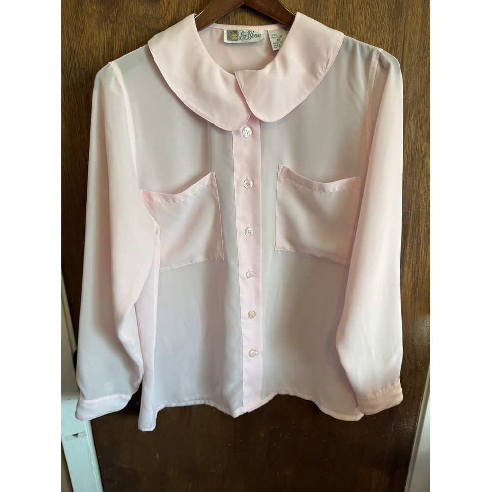 La Blouse Vintage Pink Peter Pan Collar Sheer Button Up Long Sleeve‎ Size 12